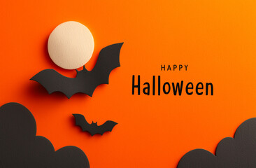 Happy Halloween background with black paper bats and white circle on orange background