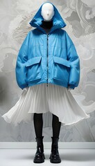 Modern Mannequin Wearing Bold Blue Puffer Jacket and Flowing Pleated Skirt, Featuring Contemporary High-Fashion Style, 