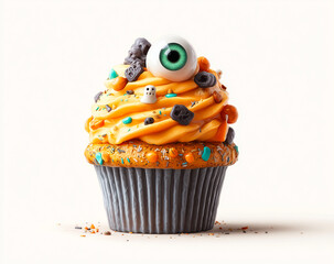 Halloween cupcake with eyes and sprinkles isolated on white background