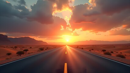 Minimalist Desert Road Under Dramatic Sunset Sky