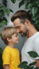 Touching Father and Son Moment Surrounded by Nature, Capturing Love, Connection, Affection, and Warmth in a Serene,
Leafy Setting with Gentle Expressions and Close Bond