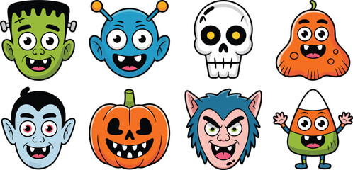 Cute cartoon halloween monster face character collection