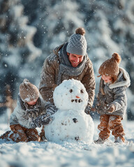 Happy family playing with snowman in winter forest. Father and children having fun outdoors.