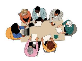 Business meeting top view illustration. Business scene of different men and women working together overhead view. Modern vector colored outline drawing Isolated on transparent background