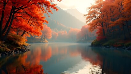 Autumn Lake Reflection with Orange and Red Foliage