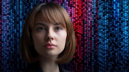 Young adult woman digital portrait with short hair face colorful binary code background showing digital economy concept and tariff impact technology - Powered by Adobe