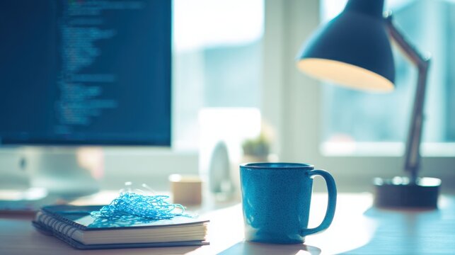 A developer's workstation with an empty notebook and coffee mug under soft desk lamp lighting.