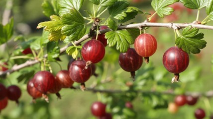 Cluster of burgundy gooseberries with foliage