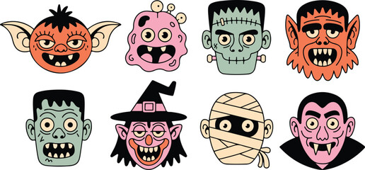 Cute cartoon monsters and halloween characters illustration