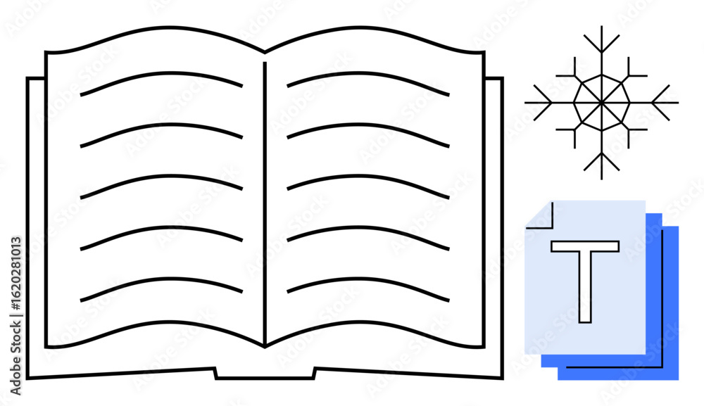 Poster open book with lines, snowflake icon, and stacked text files symbolizing knowledge, reading, creativ