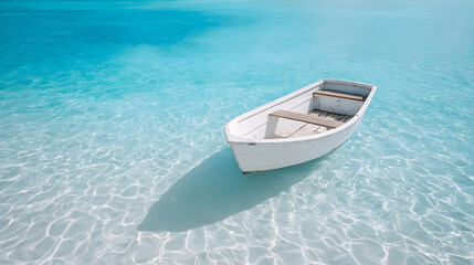 Small white boat floating in crystal clear turquoise water under bright sunlight with gentle ripples creating a serene atmosphere