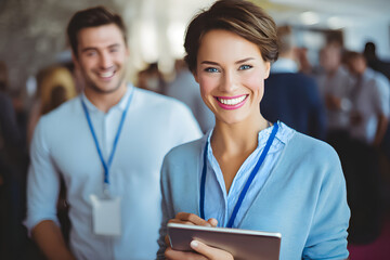 Cheerful woman holding tablet at networking event with engaged audience in background during daytime