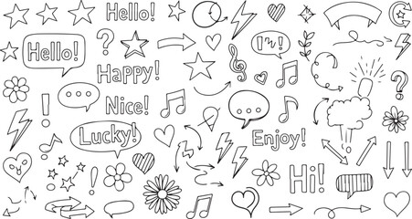 Collection of hand drawn doodle icons and symbols isolated on transparent background