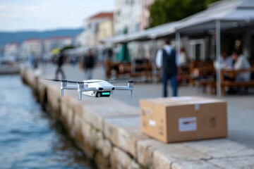 A drone hovers above a scenic waterfront area, preparing to deliver a package, emphasizing the impact of technology on logistics and trade near bustling eateries.