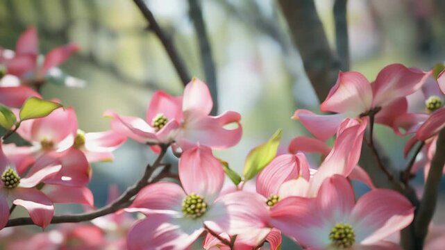 Pink dogwood flowers blooming in spring sunlight
