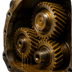 Intricate Gears: An up-close perspective highlights the complex interplay of industrial gears coated in oil within a metal casing, emphasizing the details of mechanics and machinery.