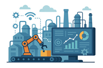 Industrial Innovation: A modern illustration showing an automated factory and the power of automated process and data-driven insights, with a focus on technological innovation and efficiency.