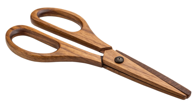 Rustic wooden scissors with smooth handles isolated on transparent background, displaying vintage charm and simple design for crafting and decorative purposes