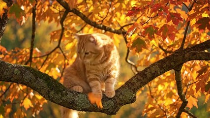 An orange cat sits on a mossy tree branch surrounded by autumn leaves - Powered by Adobe