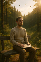 Obraz premium Man Practicing Digital Detox in Forest — Mindfulness and Nature Connection 