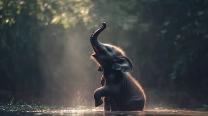 Young Elephant Playing in Gentle River Light