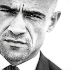 Close up black and white portrait of a bald man with a serious expression and a suit and tie visible
