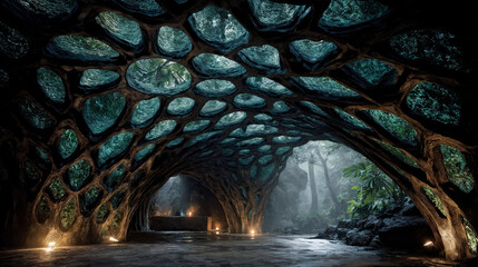 a futuristic, organic tunnel with a network of translucent, circular panels in the ceiling, allowing natural light to filter through. The tunnel leads to an illuminated chamber with candles.