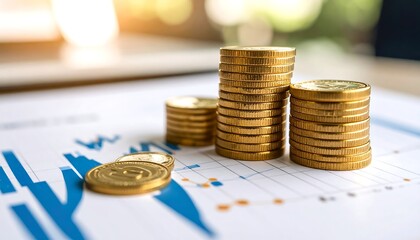 Stacks of gold coins on financial charts showing growth