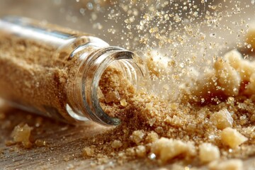 Brown sugar spills from a glass jar, capturing the essence of culinary delights in a kitchen setting