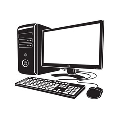 Desktop computer workstation silhouette, PC setup with monitor, keyboard, and mouse vector illustration