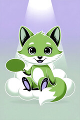 Fototapeta premium delightful cartoon illustration depicts an adorable green fox sitting on fluffy white clouds, holding a green speech bubble, bathed in a gentle spotlight against a gradient background