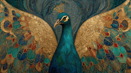 a digital artwork of a peacock with its wings spread. The feathers are intricately detailed with gold and turquoise patterns, and the background features swirling, abstract designs in a similar color 