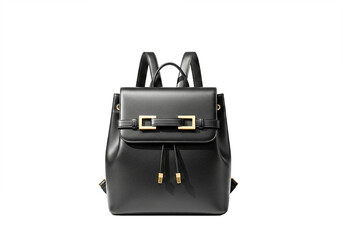 Stylish Black Leather Backpack with Gold Hardware on PNG Transparent Background