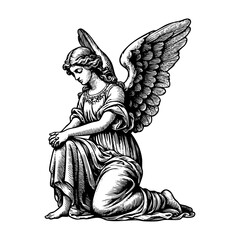 Angel kneeling sketch engraving black and white outline. Scratch board imitation.  illustrated in vintage line art style on a white background.
