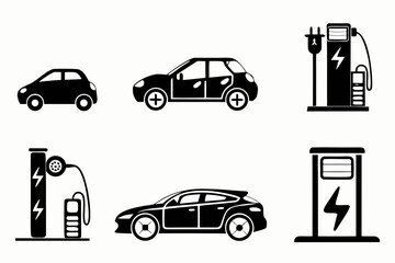 Electric Vehicle Charging Stations and Cars Icons.