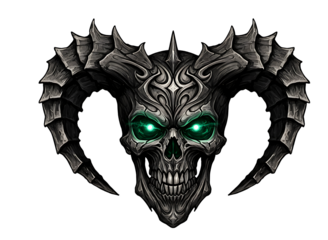 Demonic skull with glowing green eyes and ram horns isolated on transparent background