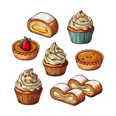 Hand-drawn illustration of assorted sweet pastries: cupcakes, tarts, and Swiss rolls; whimsical, appetizing style; perfect for bakery menus or websites.