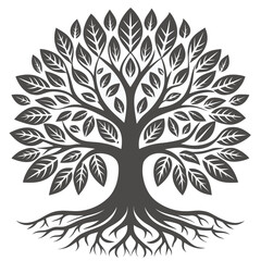 Serene Gray-Scale Tree of Life: Symbolic Vector Illustration, Growth, Roots, Nature