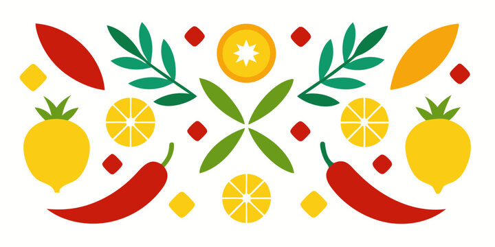 Naklejki Vibrant mexican inspired pattern with fruits and chili peppers
