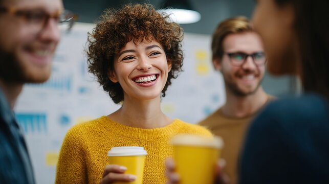 Workplace Smiles: A group of colleagues engages in a lively discussion, enjoying coffee breaks. The image is a candid shot of a relaxed environment.