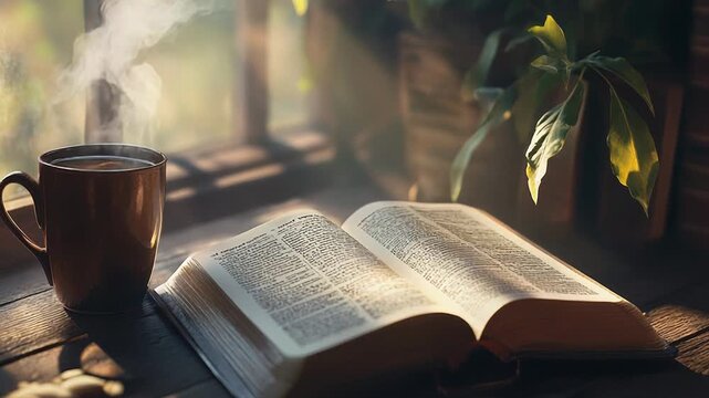 Steaming coffee mug near open book by sunny window