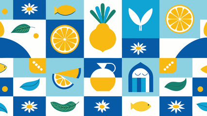 Abstract geometric pattern with citrus fruits flowers and fish