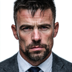 A close up portrait of a man with a beard wearing a suit and tie looking intensely at the camera