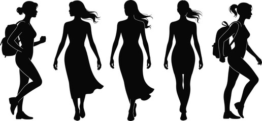 Walking woman silhouette, female traveler with backpack, elegant woman in dress, side view female figure, fashion pose, vector flat black illustration
