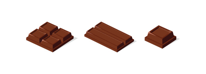 Isometric chocolate bars and chunks vector set. Sweet dessert, cocoa treat, and candy collection