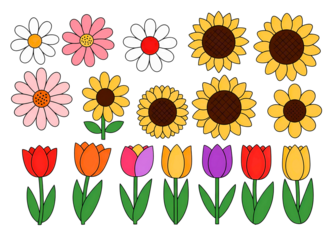 Collection of hand drawn cartoon style flowers including daisies sunflowers and tulips