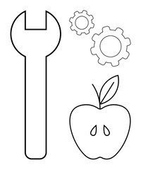 Wrench, two gears, and an apple outline symbolizing collaboration, problem-solving, innovation, agriculture, and sustainability. Ideal for technology, repair farming eco-friendly solutions health