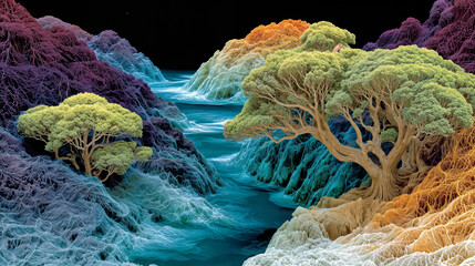 a surreal landscape with colorful, intricate rock formations and trees. The scene is set against a dark background, with a body of water flowing through the center. 