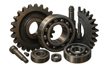 Industrial Gears and Bearings: A detailed shot presents an array of industrial gears and ball bearings.