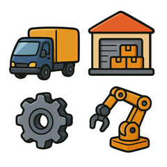 Industrial Icons: A collection of essential industrial icons. A vibrant composition of a truck, factory, gear, and robotic arm. Showcasing the diverse facets of industry